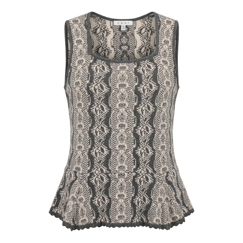 Cabi Serpent Top Grey Cream Jacquard Knit Peplum Sleeveless Sweater XL